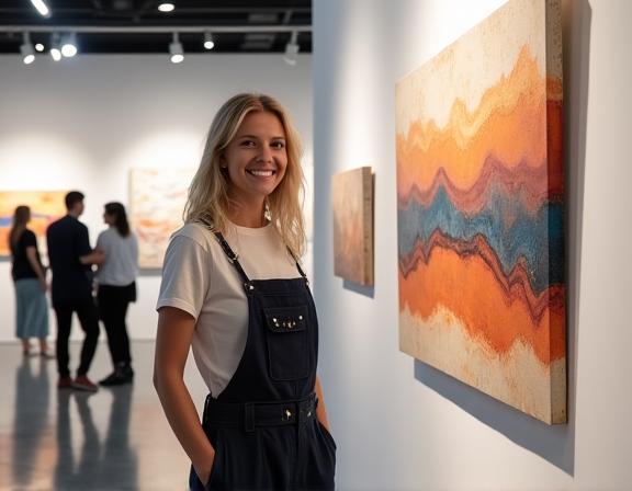 An artist proudly standing by their work in a gallery setting, indicating successful market integration.