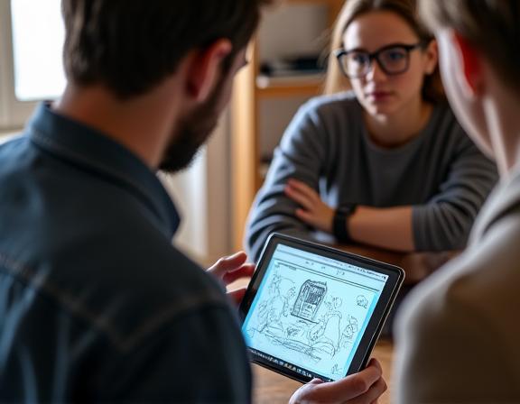 A mentor reviewing an artist's portfolio on a tablet, showcasing modern approach to art career.