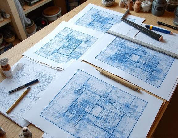 Blueprints and tools for a new studio setup laid out on a workbench, symbolizing meticulous planning.