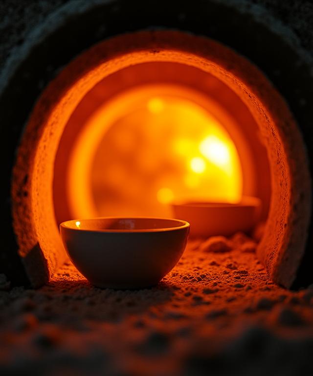 The warm, glowing interior of a ceramic kiln ready for firing.